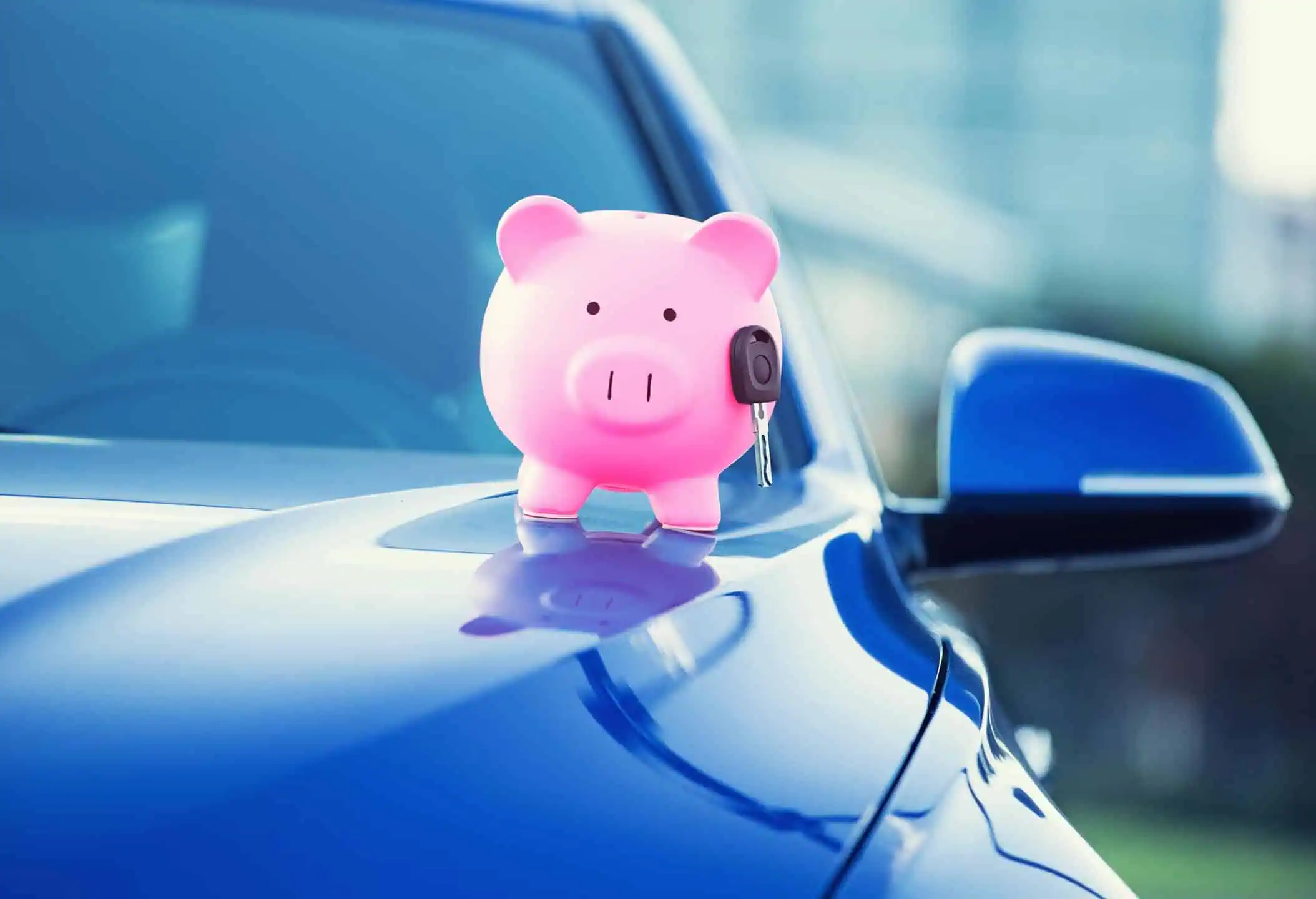 Pink Piggy Bank On Front Of Blue Car